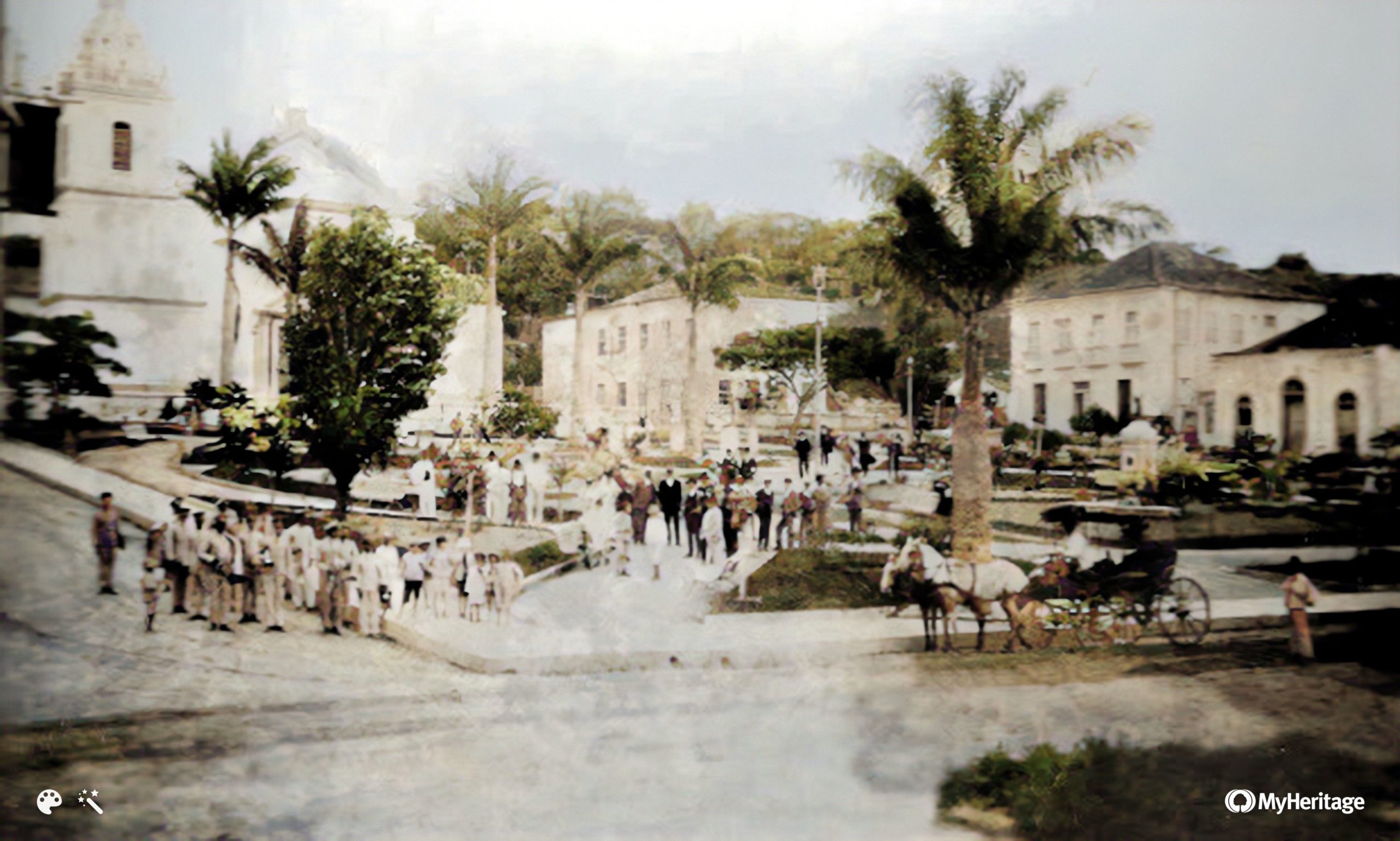 Fotografia, melhorada e colorida por Myheritage, mostra o centro de São José nos idos 1800, época em que Christian Wagner chegou ao Brasil.