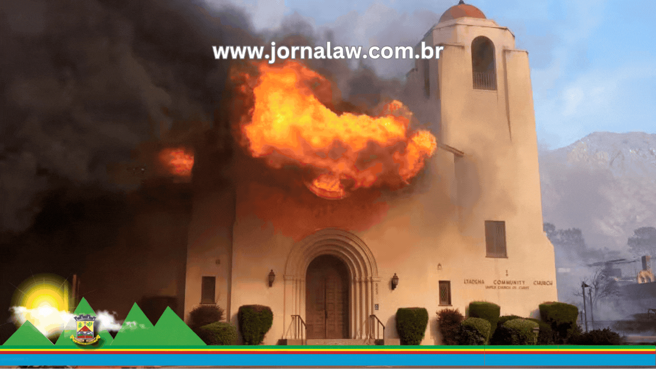 a chapel with a large fire on the top