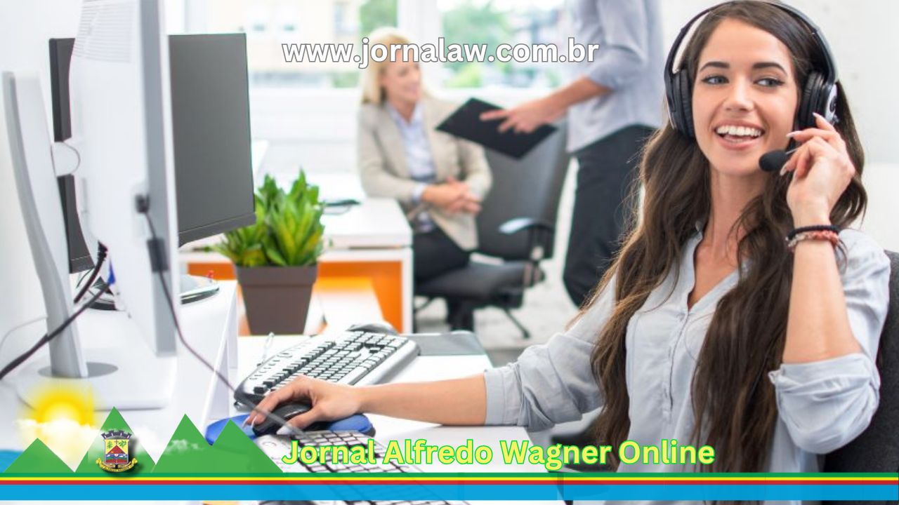 Linda atendente em call center, sorridente e solícita